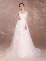 Robe de mariée en Lace de bal militaire A-ligne Cou translucide avec ceinture sans manches en tulle dos décolleté