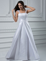 Robe de mariée fabuleuse A-ligne en satin blanc avec perles col carré à traîne