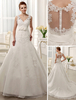 Robe de mariée fabuleuse A-ligne en tulle ivoire avec applique col V traîne chapelle Milanoo