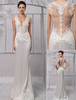 Robe de mariée fourreau dentelle ivoire col V Avec traîne Milanoo