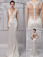 Robe de mariée fourreau dentelle ivoire col V Avec traîne Milanoo