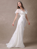 Robe de mariée gracieuse A-ligne ivoire avec fleur et dentelle de col V Milanoo
