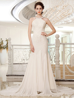 Robe de mariée gracieuse fourreau ivoire à licou en chiffon brodée Milanoo