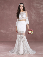 robe de mariée hobo en dentelle dos décolleté à taille haute royale Avec traîne col bateau avec perles creusé Milanoo