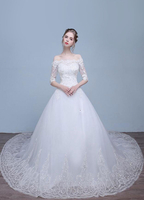 Robe de mariée hors de l’épaule demi-manches strass a-line paillettes en dentelle avec traine