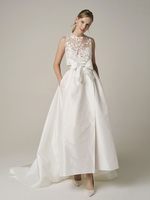 Robe de mariée ivoire deux pièces en dentelle col bijou A-ligne robe de mariée sans manches longueur cheville