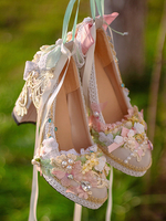 Robe de mariée Lolita Chaussures Lolita Dentelle rose Volants Perles Fleurs Bout rond Chaussures Lolita en cuir PU