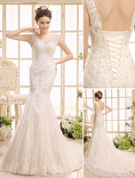 Robe de mariée magnifique à sirène ivoire avec perles de col-V