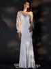 Robe de Mariée Manches Longues Transparentes en Dentelle Col V Robe Sirène à Fente avec Traîne Robe de Mariage