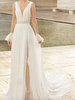 Robe de Mariée Manches Longues Transparentes Robe Décolleté à Fente Col V Robe de Mariage