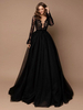 Robe de mariée moderne noir en dentelle col V manche longue à traîne Robe de mariée noir