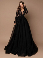 Robe de mariée moderne noir en dentelle col V manche longue à traîne Robe de mariée noir