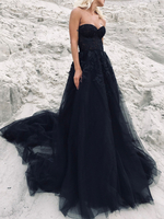 Robe de mariée noir robe de mariage gothique bustier à traîne en tulle