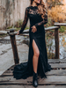 Robe de mariée noir robe de mariage gothique col rond manche longue jupe fendue à traîne
