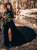 Robe de mariée noir robe de mariage gothique col rond manche longue jupe fendue à traîne longue