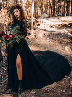 Robe de mariée noir robe de mariage gothique col rond manche longue jupe fendue à traîne longue