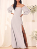 Robe de mariée pas cher gris clair col bateau manches longues dos nu en mousseline de soie haute fente une ligne robe de longueur au sol