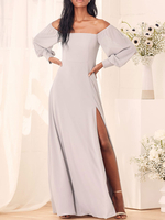 Robe de mariée pas cher gris clair col bateau manches longues dos nu en mousseline de soie haute fente une ligne robe de longueur au sol