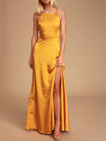 Robe de mariée pas cher jaune col bijou sans manches dos nu en polyester une robe de longueur au sol
