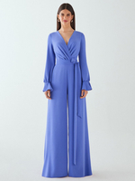 Robe de mariée pour mère de la mariée col en V manches longues combinaison avec nœuds longueur au sol robes dinvitées de mariage