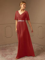 Robe de mariée pour mère de mariée col en v manches courtes ligne a ceinture longueur au sol robes dinvitées pour mariage