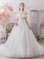 Robe de mariée princesse Silhouette col bijou manches courtes taille naturelle train cathédrale robes de mariée