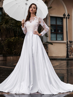 Robe de mariée princesse silhouette tribunal train je bijou col long manches longues taille naturelle dentelle tulle robes de mariée