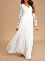 Robe de mariée robe de fillançaille col V manche longue au sol en dentelle