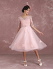robe de mariée rose col rond avec dentelle et ceinture demi-manches Tissu de satin lacets de dentelle et doublure à taille naturelle
