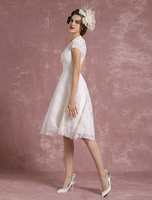 Robe de Mariée Simple 2021 Court Dentelle Ivoire Robe de Mariée Col V Dos Nu A Ligne Manche Courte Longueur Genou Vintage Robe de Mariée