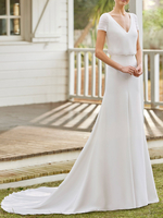 Robe de mariée simple A-ligne col en V manches courtes dentelle robes de mariée personnalisation gratuite