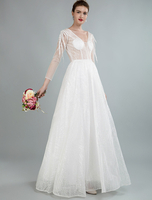 Robe de mariée simple A-ligne col en V manches longues Fleurs Appliques Robes de Mariée