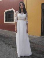 Robe de mariée simple blanche A-ligne bijou cou demi-manches dos nu en mousseline de soie robes de mariée en dentelle