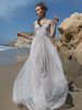 Robe de mariée simple blanche A-ligne col en V taille naturelle sans manches dos nu robes de mariée en dentelle