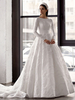 Robe de mariée simple blanche avec train une ligne bijou cou longues manches dos nu robes de mariée en tissu satiné