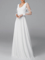 Robe de mariée simple blanche avec train une ligne col en V manches longues en dentelle longues robes de mariée