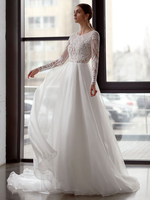 Robe de mariée simple blanche col bijou manches longues découpées une ligne dos nu organza robes de mariée en dentelle