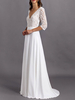 Robe de mariée simple blanche col V demi-manches en dentelle dos nu à traîne courte