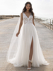 Robe de mariée simple blanche col V en dentelle jupe fendue en tulle à traîne courte Robe de mariée bohémien