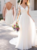 Robe de mariée simple blanche col V manche longue en dentelle