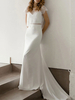 Robe de mariée simple blanche deux pièces Top en dentelle col rond jupe droite à traîne