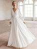 Robe de mariée simple blanche en crêpe extensible à col en V et à manches longues en dentelle A-Line Robes de mariée