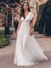 Robe de mariée simple blanche en dentelle col en v manches courtes dos nu volants une ligne taille naturelle longues robes de mariée