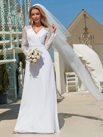 Robe de mariée simple blanche en dentelle col en V manches longues en mousseline de soie en mousseline de soie plissée une ligne longues robes de mariée