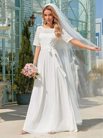 Robe de mariée simple blanche en mousseline de soie col bijou manches courtes ceinture une ligne longues robes de mariée