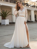 Robe de mariée simple blanche en mousseline de soie col en V manches longues découpées une ligne robes de mariée en dentelle fendue