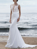 Robe de mariée simple blanche en polyester col rond transparent en dentelle à traîne robe de mariage