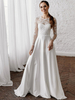 Robe De Mariée Simple Blanche en Satin Décolleté Manches Longues transparent à traîne Robes de mariage