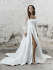 Robe de mariée simple blanche une ligne col carré manches longues dos nu appliques découpes fendues devant longues robes de mariée