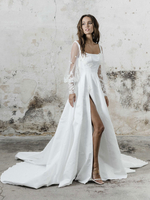 Robe de mariée simple blanche une ligne col carré manches longues dos nu appliques découpes fendues devant longues robes de mariée
